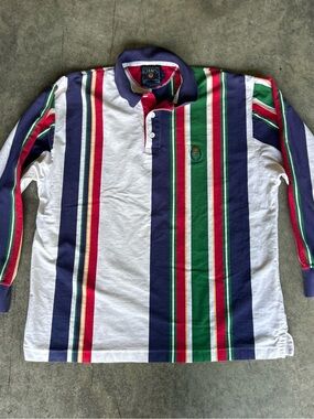 Vintage 90s Chaps Men’s Long Sleeve Polo - White, Navy, Green & Red Stripes